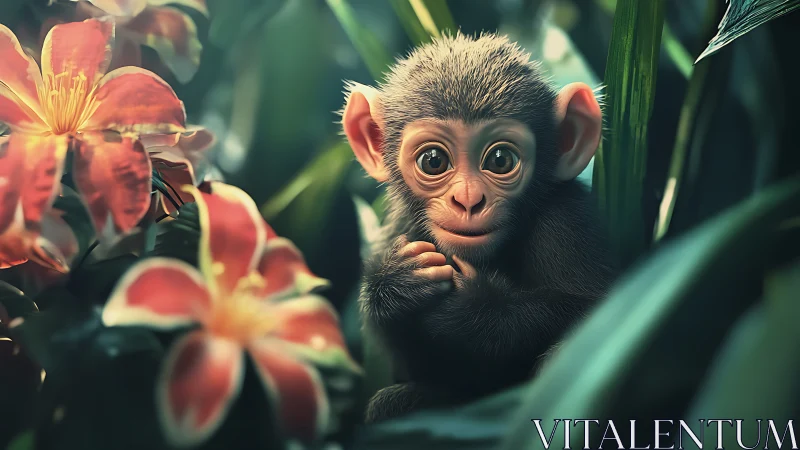 Hyperreal baby monkey portrait framed by tropical flowers