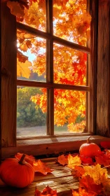 Golden autumn window scene with pumpkins and maple leaves.