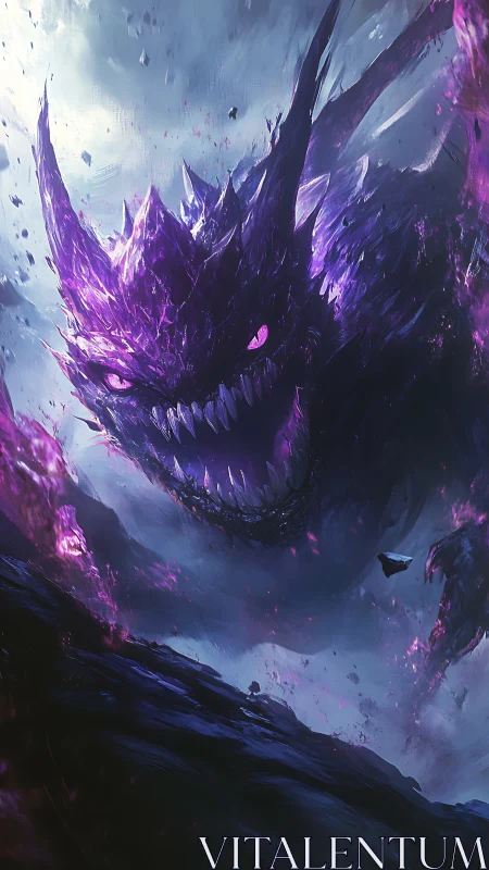 Voidstorm dragon erupts in shards of violet nightmare sky.
