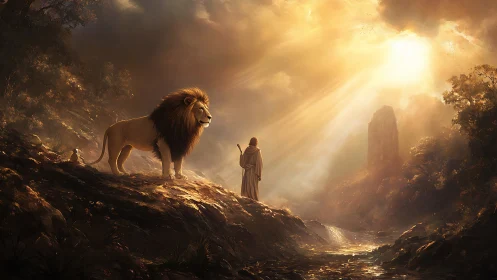 Lion and robed wanderer illuminated by cinematic divine light