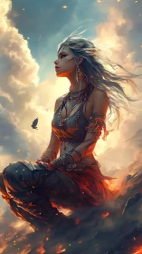 Female figure sits amid clouds and embers in side profile