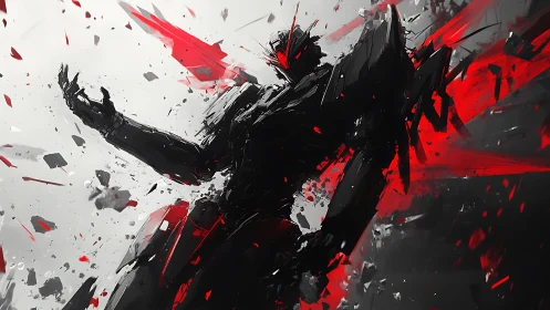 Dynamic abstract mech silhouette with red fracture vectors.