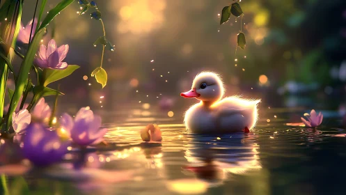 Duckling drifts through sunlit petals on a shimmered pond.