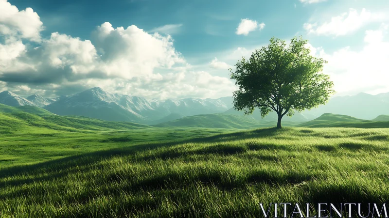 Solitary deciduous tree on windswept alpine grassland plain.