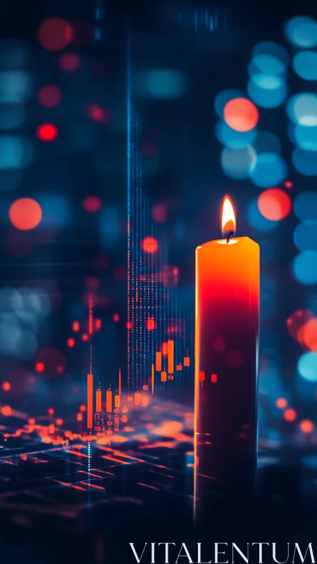 Glowing candle chart rises amid neon bokeh in digital markets