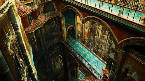 Vertical labyrinth of teal walkways in decayed palace interior.