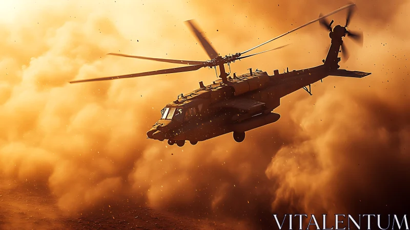 Helicopter slicing through a storm of desert light and dust.