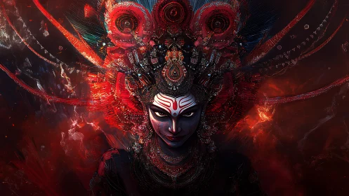 Scarlet cosmic goddess crowned in techno-ritual firestorm.
