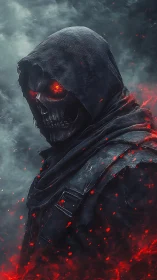 Hooded infernal reaper with burning skull and ember shroud