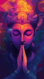 Neon quietude of a cosmic yogi in molten sunrise hues.