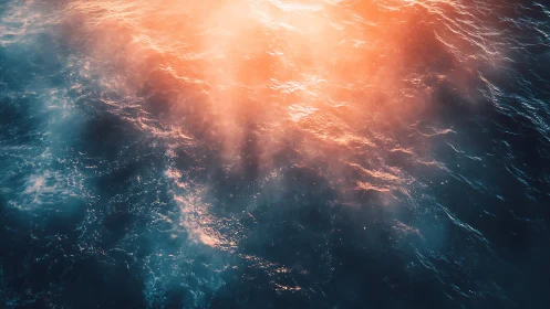Sunlit ocean surface with glowing orange mist above waves.