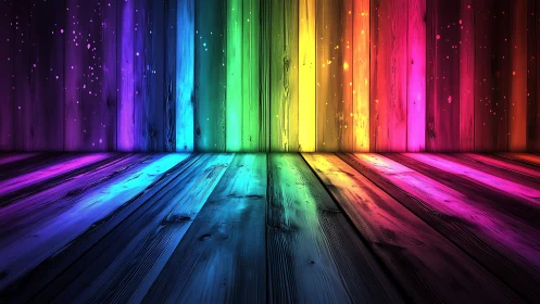 Rainbow wood room displays glowing planks and falling light