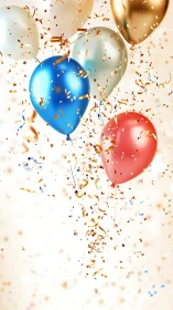 Colorful balloons with gold and blue confetti falling on white background