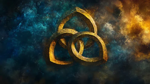 Interlocked golden rings against deep cosmic nebula backdrop.