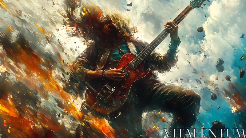 Electric guitarist unleashes firestorm in swirling sky.