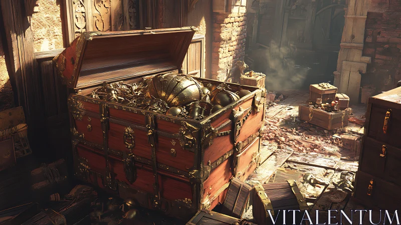Open wooden treasure chest overfilled with golden artifacts