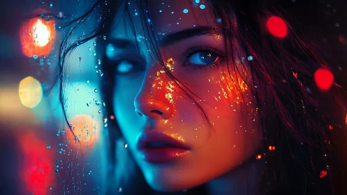 Moody neon portrait of woman behind rain streaked glass.