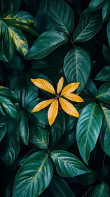 Golden rebel leaf glows against deep emerald jungle canopy.