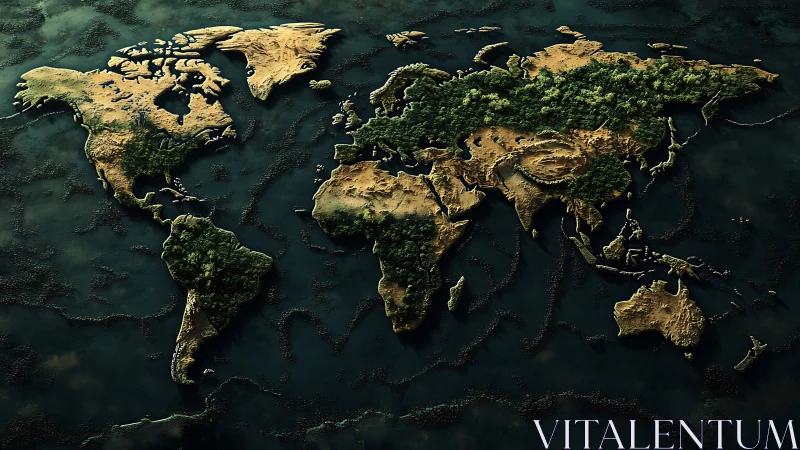 Verdant continents arise from shadowed seas of silence.