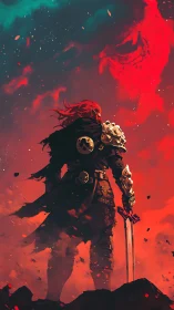 Armored figure with sword stands under turbulent red sky