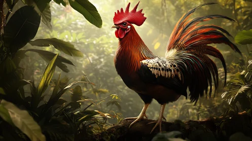 Vibrant rooster perched among jungle foliage in ethereal light.