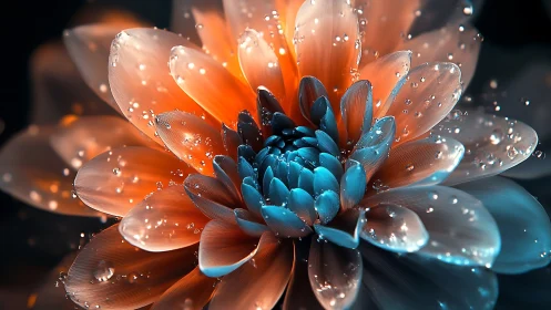 Orange and blue flower with water droplets and dramatic lighting