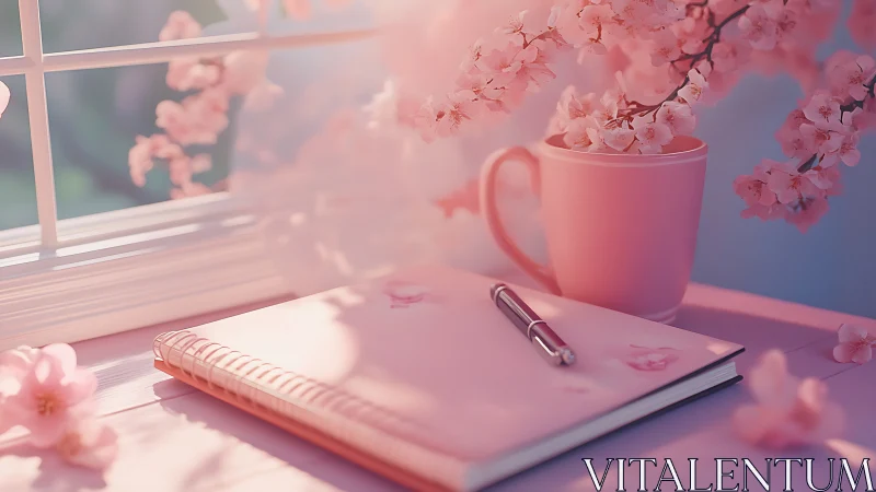Soft pink morning journal beside blossoms and coffee mug.