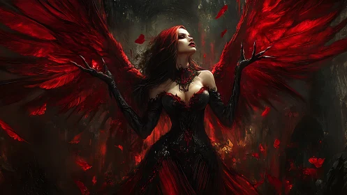 Scarlet-winged dark angel rises amid burning shadows.