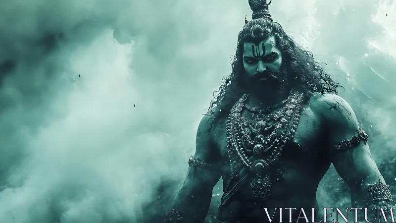 Mythic warrior deity emerges from swirling teal smoke.