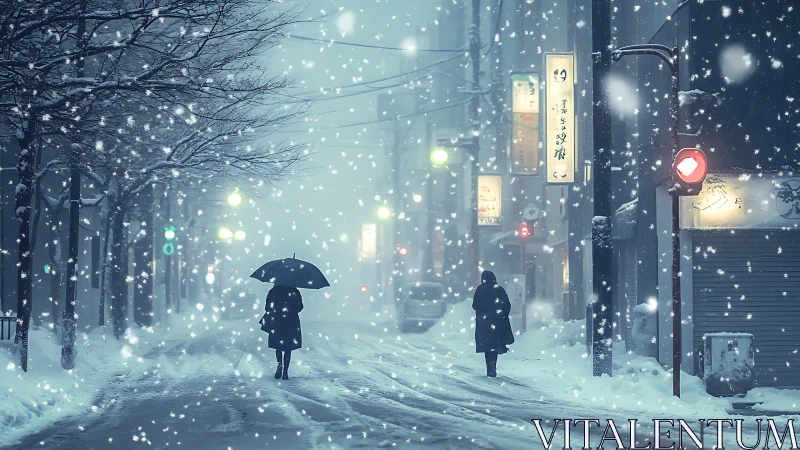 Snow falls over pedestrians on a quiet urban street at night