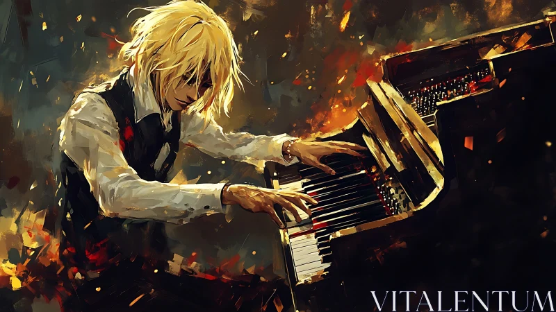 Blond pianist in dynamic digital painting with fiery ambience