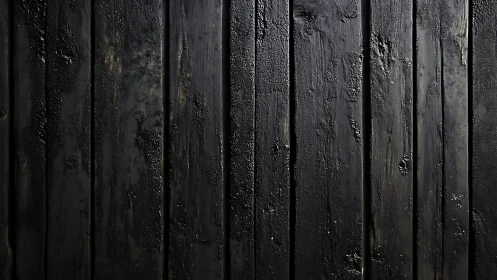 Charred vertical wood planks display glossy soot, cracks, and wear