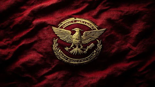 Gold eagle emblem on textured deep red fabric flag.