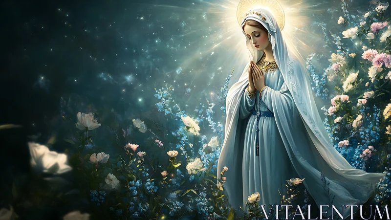 Radiant robed Madonna rendered in luminous floral digital realism