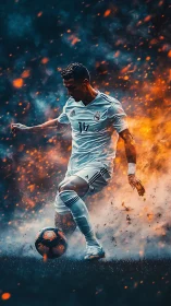 Fiery soccer striker controls ball amid explosive sparks.
