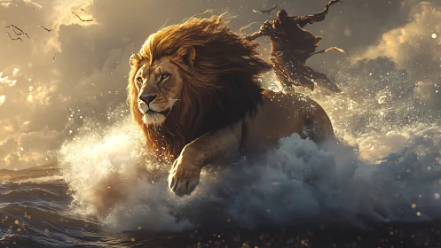 Majestic lion charges through stormy surf under golden sky