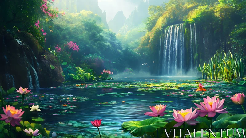 Lotus-draped waterfall lagoon where emerald mist dreams.