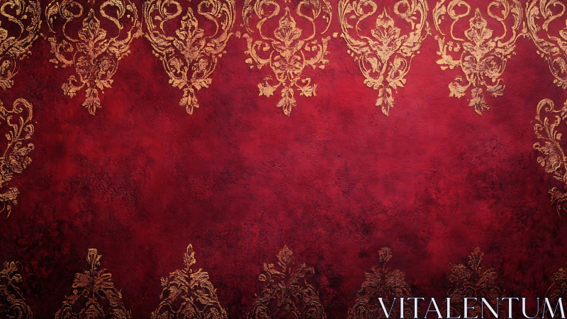 Ornate gold damask crowns deep red vintage background.