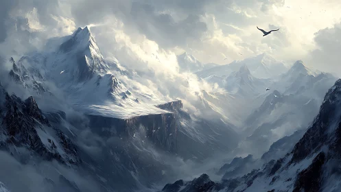 Aerial survey of glaciated alpine valley under stratified clouds.