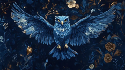 Majestic blue owl with outstretched wings in floral art style.