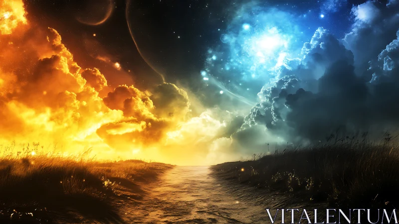 Celestial path between burning dawn and electric starlight skies.