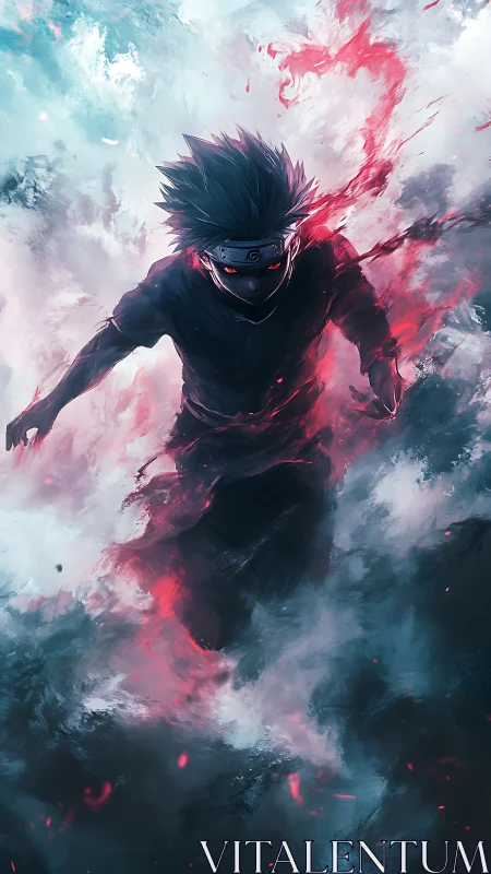 Energetic shinobi silhouette in turbulent chromatic plasma field.