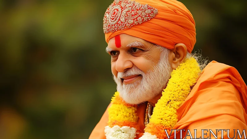 Gentle elder in saffron robes sharing a quiet, glowing smile.