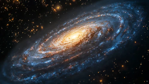 Spiraling starlit galaxy glows warmly in the quiet dark sky