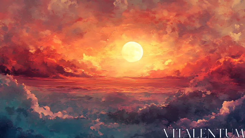 Vivid sun over clouds in a fiery red and blue sky.