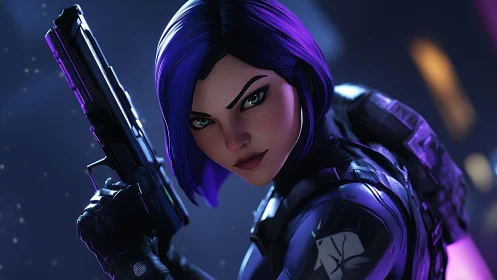 Tactical cybernetic operative aims pistol under neon rim lighting