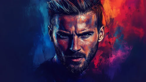 Storm-lit portrait carves fire and ice across a fierce gaze