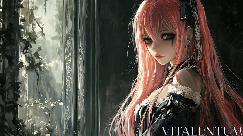 Gothic anime girl gazes through overgrown window light