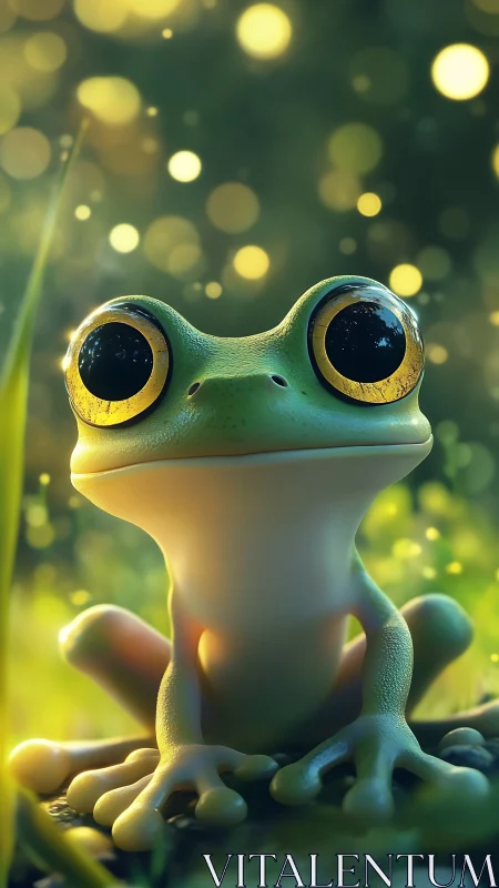 Wide-eyed forest frog basking in dreamy golden bokeh glow.