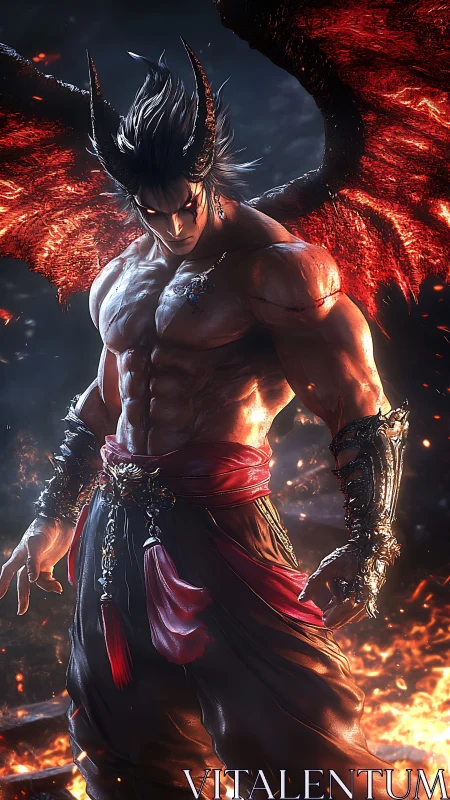 Demonic warrior rendered with high-detail musculature and lava-lit wings